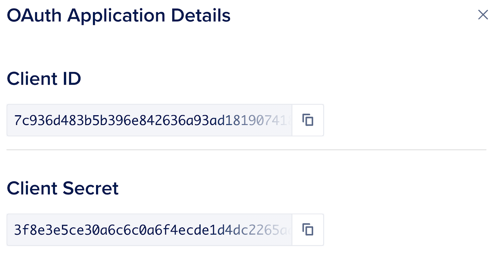 Client ID and Client Secret displayed in OAuth application details.